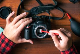 Cleaning a camera sensor with a swab