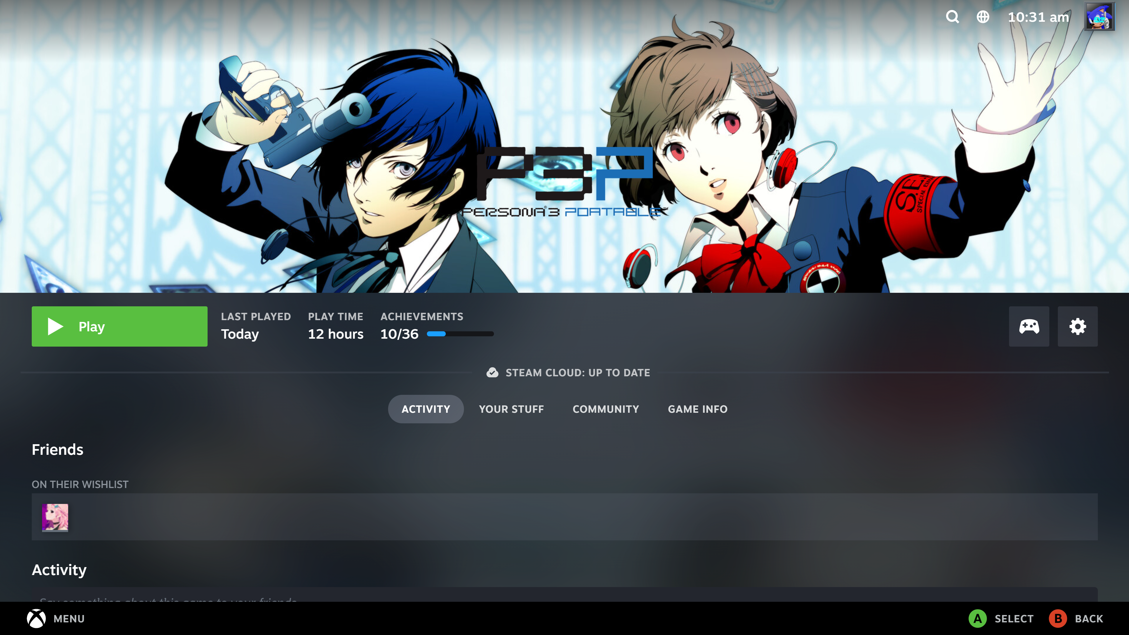 The main screen for Persona 3 Portable within Steam's new Big Picture UI.
