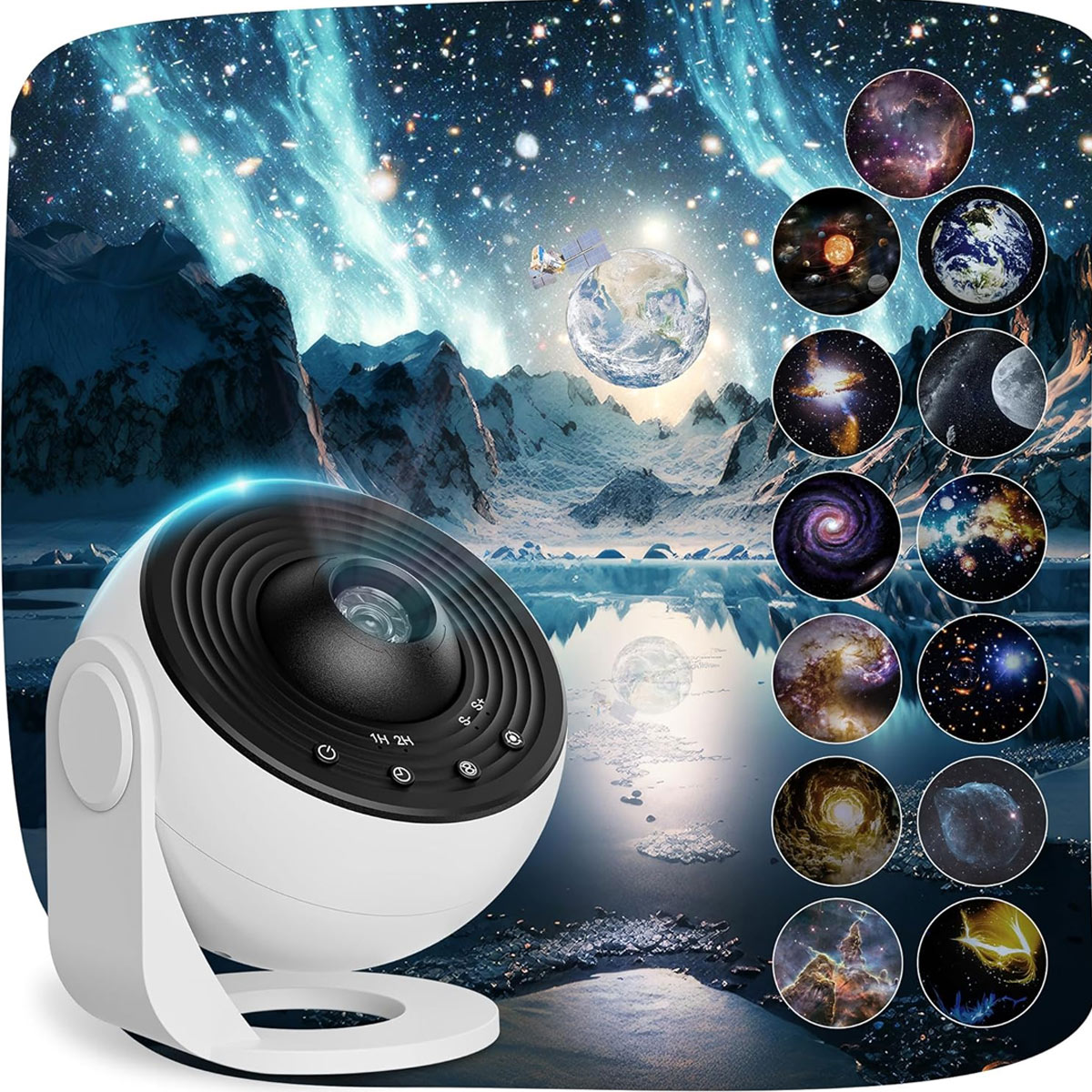 A white spherical projector is on a stand where it can rotate and a picture of an astral plane featuring mountains and a starry sky is in the background.