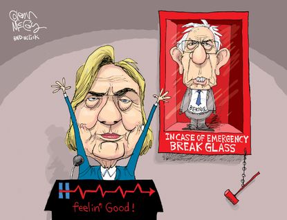 Political cartoon U.S. 2016 election Hillary Clinton health Bernie Sanders