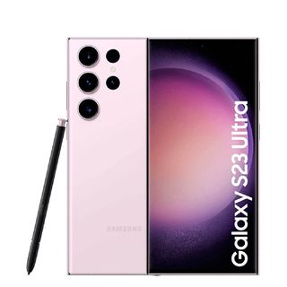 A pink Samsung Galaxy S23 Ultra phone and stylus on a white background