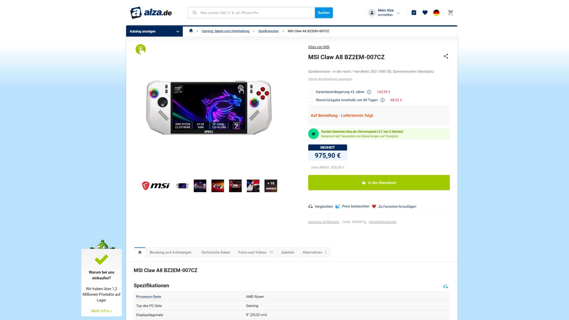 Alza retail page for MSI Claw A8 in white with image on left and price details on right.