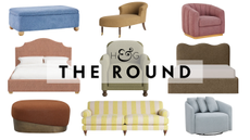 Colorful boucle furniture, spanning storage ottomans, bed frames, armchairs, chaises, and sofas, pictured against a white background