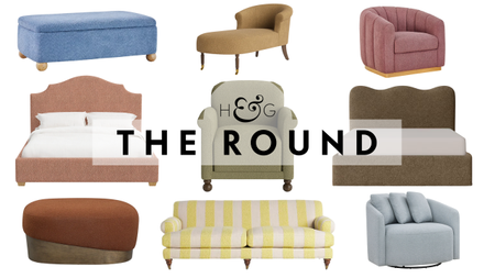 Colorful boucle furniture, spanning storage ottomans, bed frames, armchairs, chaises, and sofas, pictured against a white background