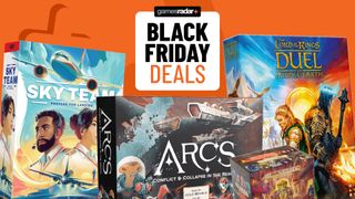 Sky Team, Arcs, Gloomhaven: Buttons and Bugs, and Lord of the Rings Duel boxes alongside a 'Black Friday deals' badge, all against an orange background