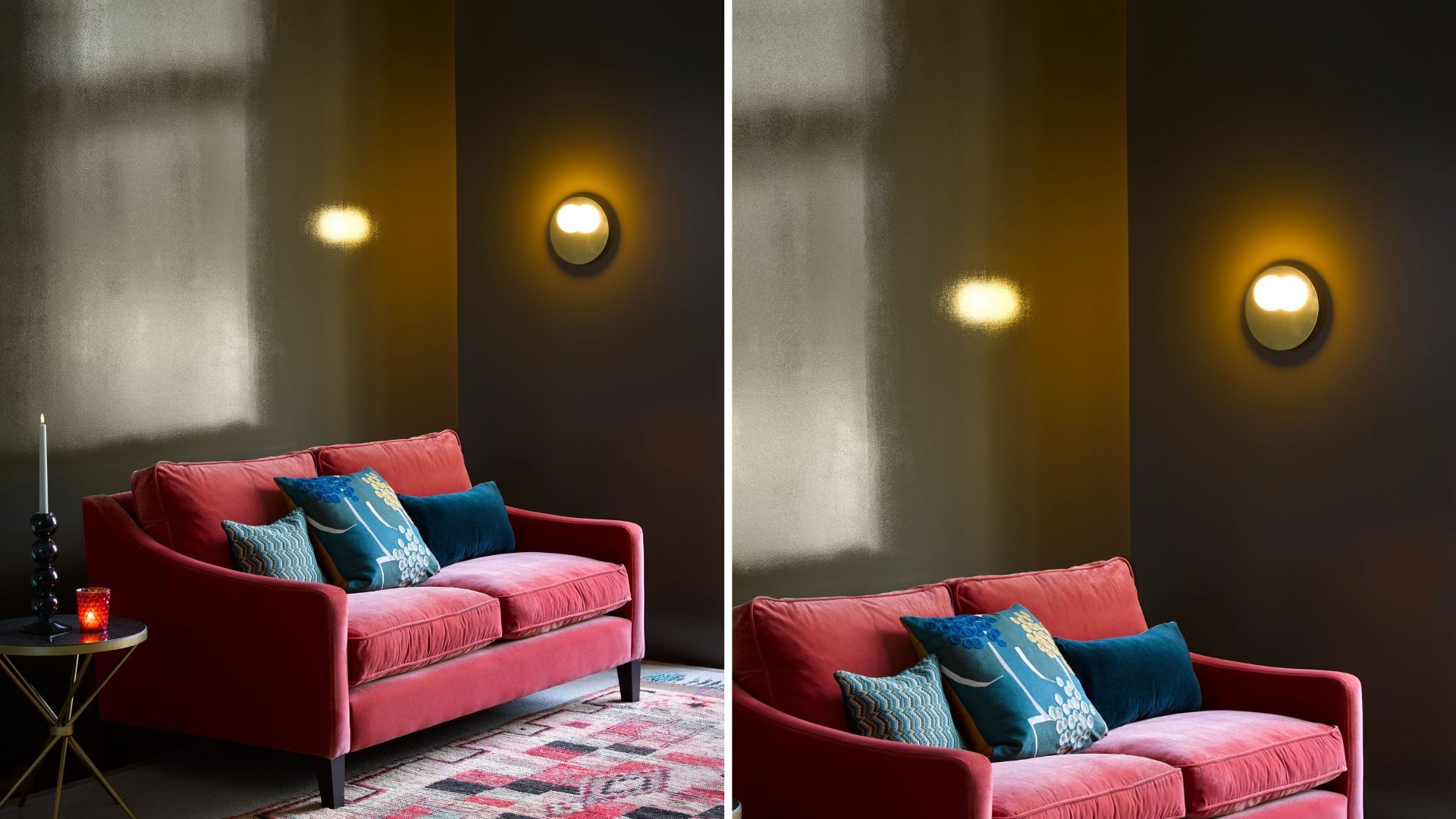 olive green living room with pink velvet sofa to show key interior paint colour trends 2024