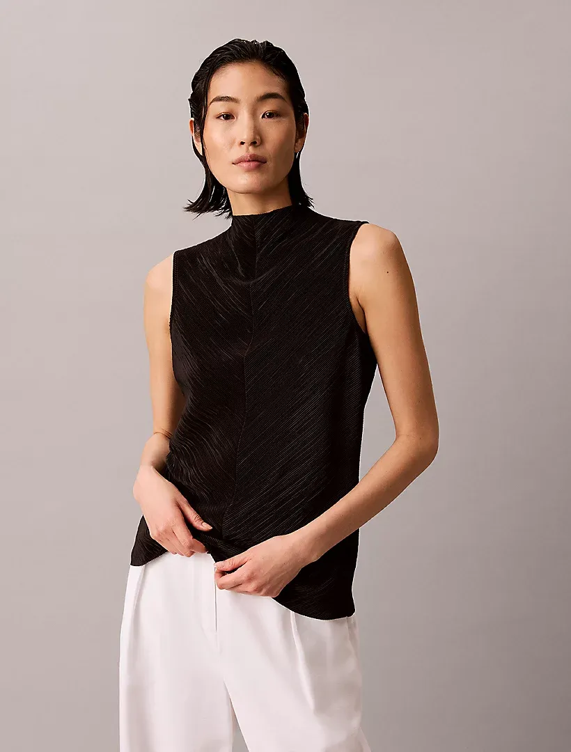 Pliss&eacute; Mock Neck Sleeveless Top