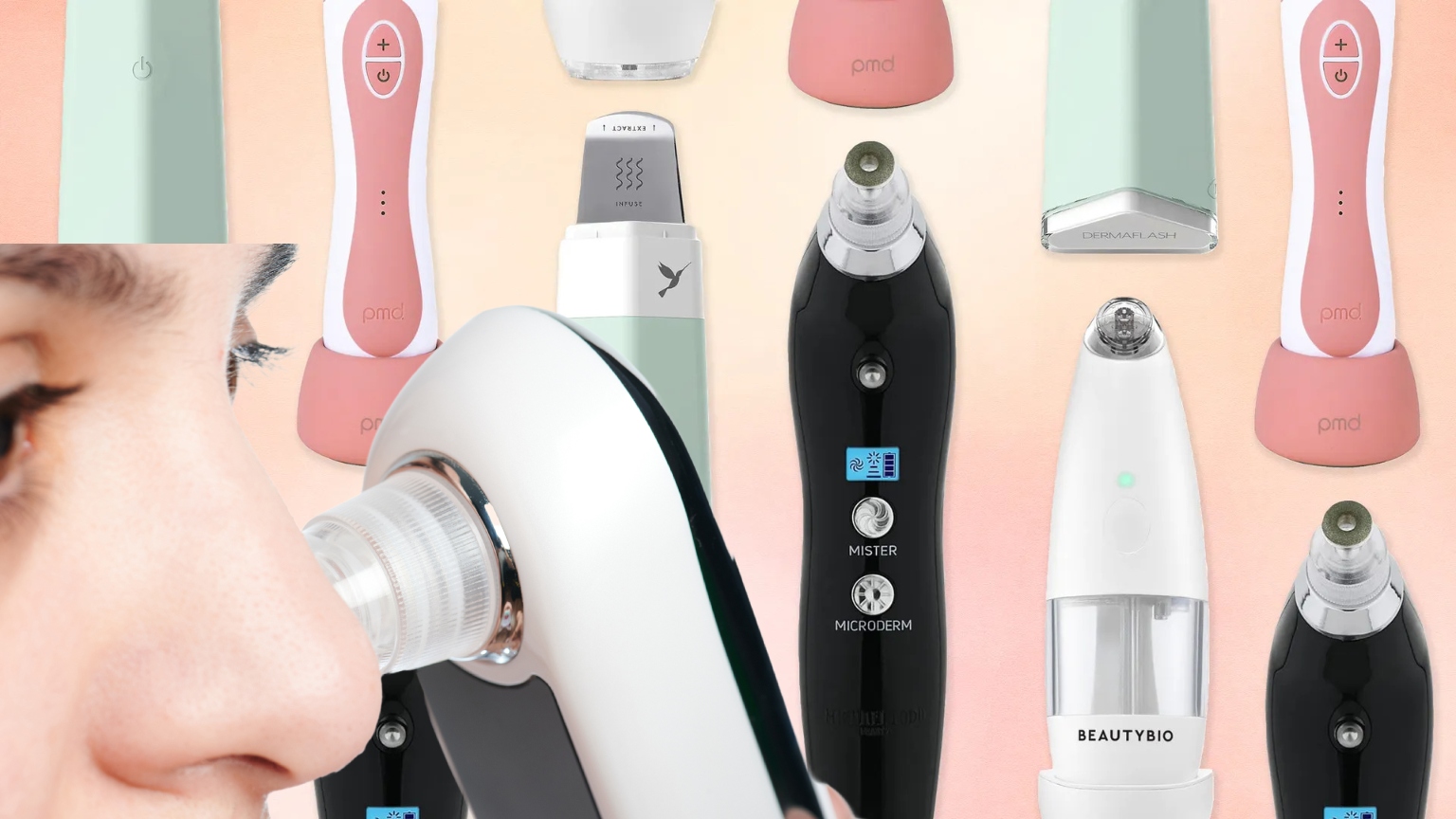 a collage of pore vacuums with a close up of a woman's nose using a white pore vacuum device