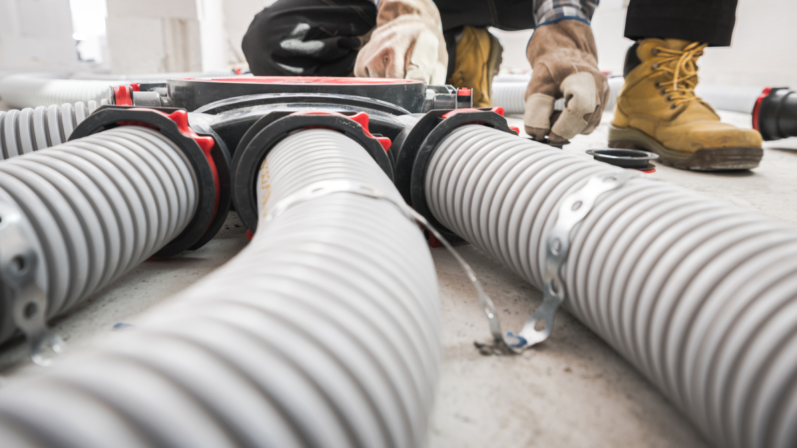 close up of flexible ducting with worker in background fitting it