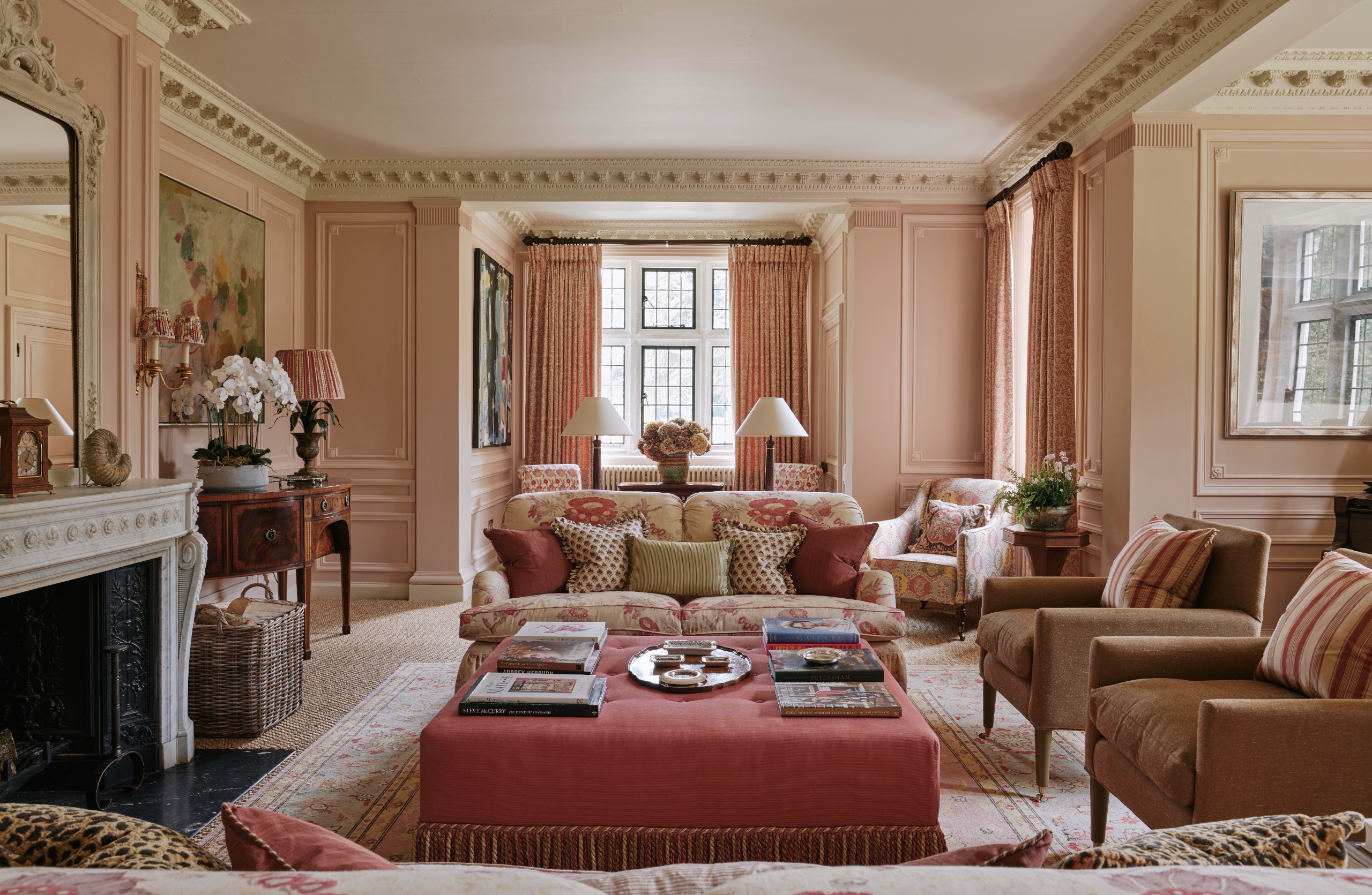 The traditional english country house interiors designed by Salvesen Graham. Lots of soft hues, rugs, and an eclectic style