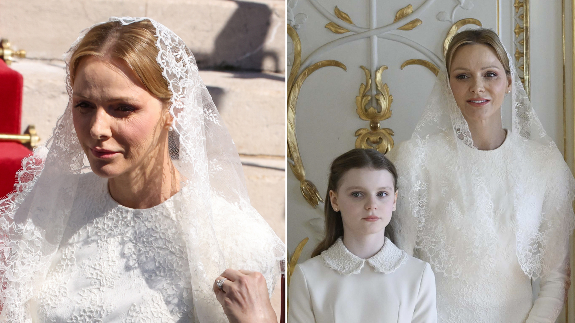 Princess Charlene of Monaco wears bridal white lace for Pope Leo XIV's visit to Monaco on March 28, 2026 in Monaco, Monaco