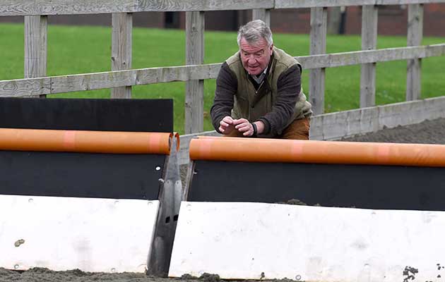 Yogi Bresner providing the training on Point-to-Point riding in the menage at the British Racing School in Newmarket in Suffolk, UK on the 3rd December 2015