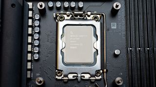 An Intel Core i7-14700K slotted into a motherboard