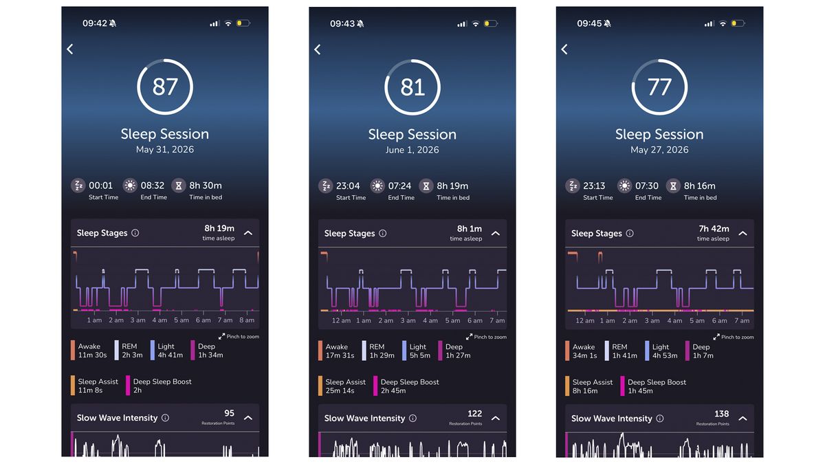 A series of three screenshots showing sleep tracking data from the Muse S Athena sleep headband