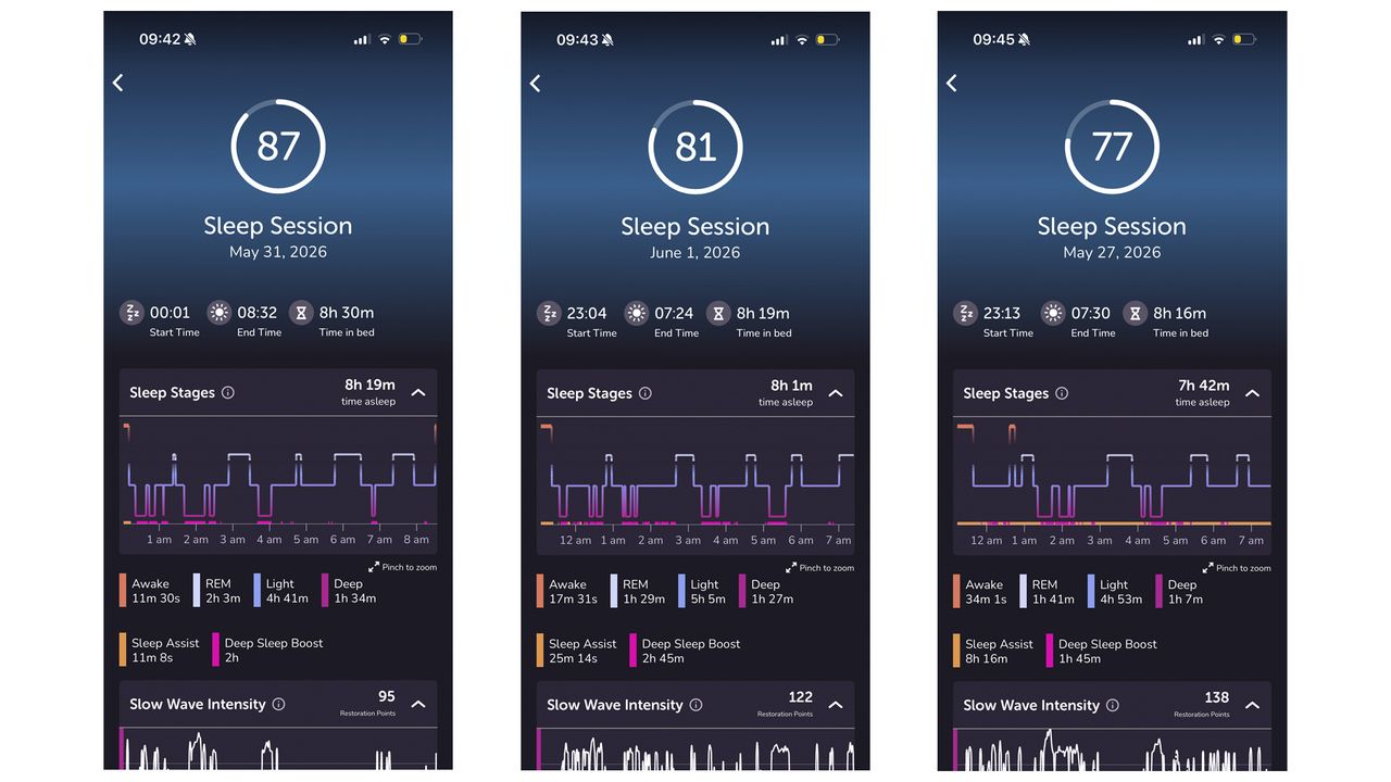 A series of three screenshots showing sleep tracking data from the Muse S Athena sleep headband