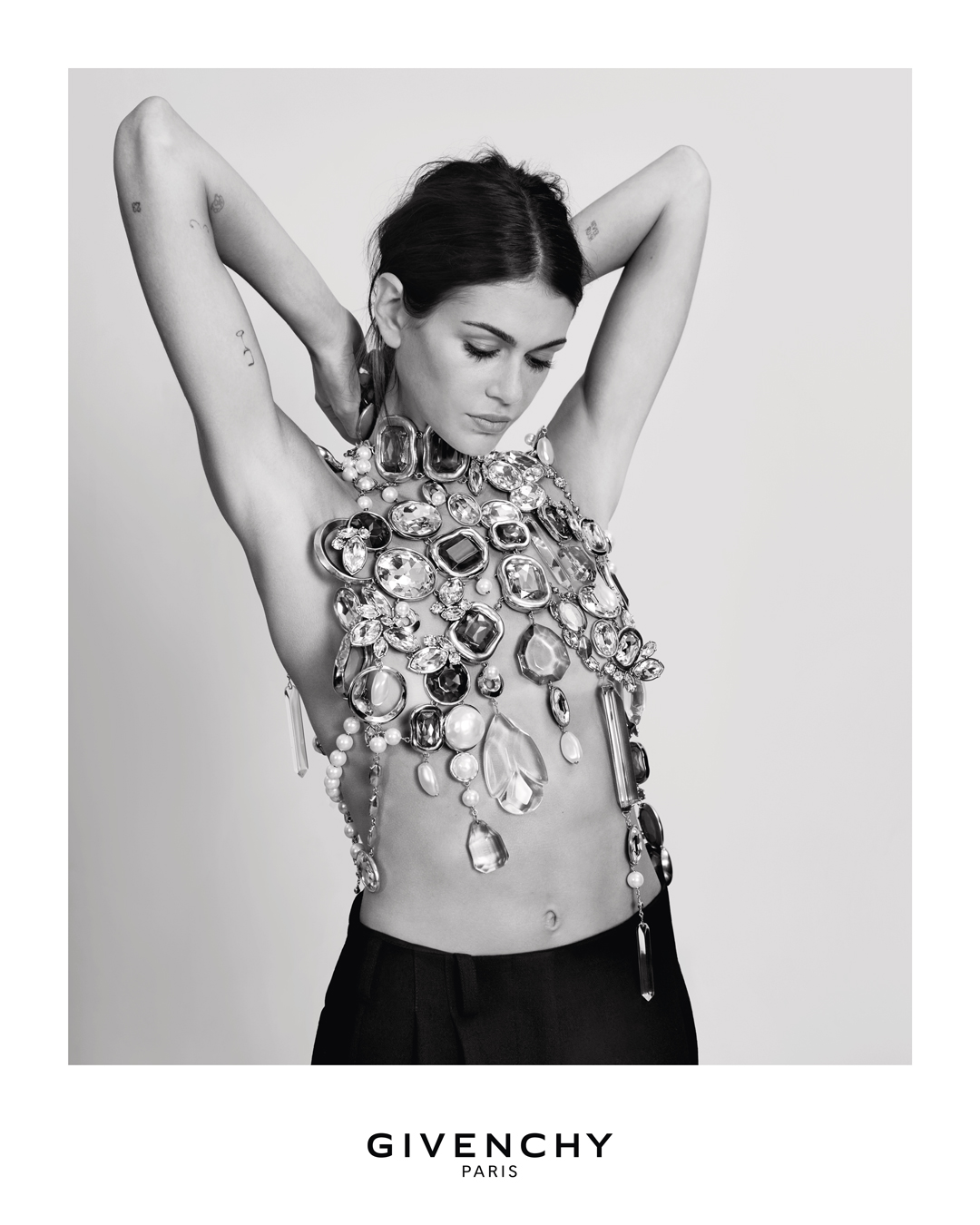 Kaia Gerber starred in Sarah Burton's Givenchy campaign—she wore an intricate jewel top from Fall 2025