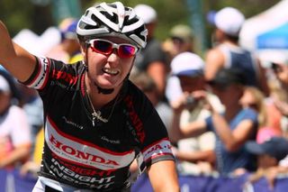 Rochelle Gilmore (Honda) celebrates her victory on day 1 in Geelong's Botanic Gardens