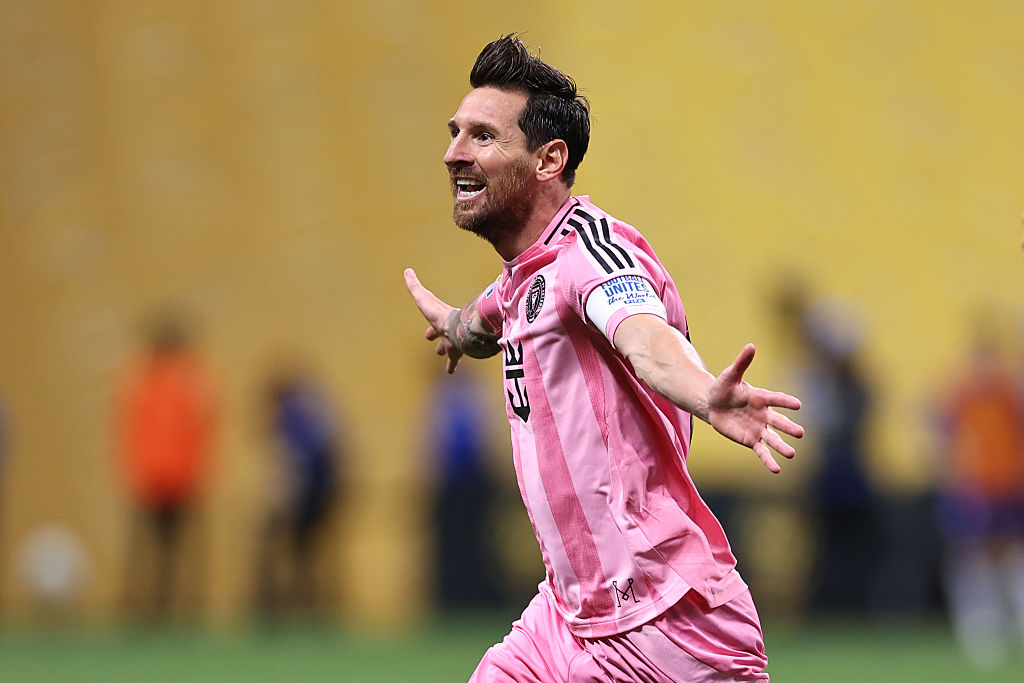 Lionel Messi of Inter Miami CF celebrates scoring their second goal during the FIFA Club World Cup 2025 group A match between Internacional CF Miami and FC Porto at Mercedes-Benz Stadium on June 19, 2025 in Atlanta, Georgia. 