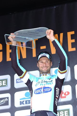 Tom Boonen holds up the trophy from Gent-Wevelgem