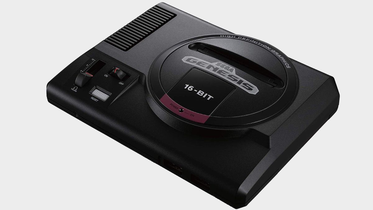 Sega Genesis mini with grey backdrop.