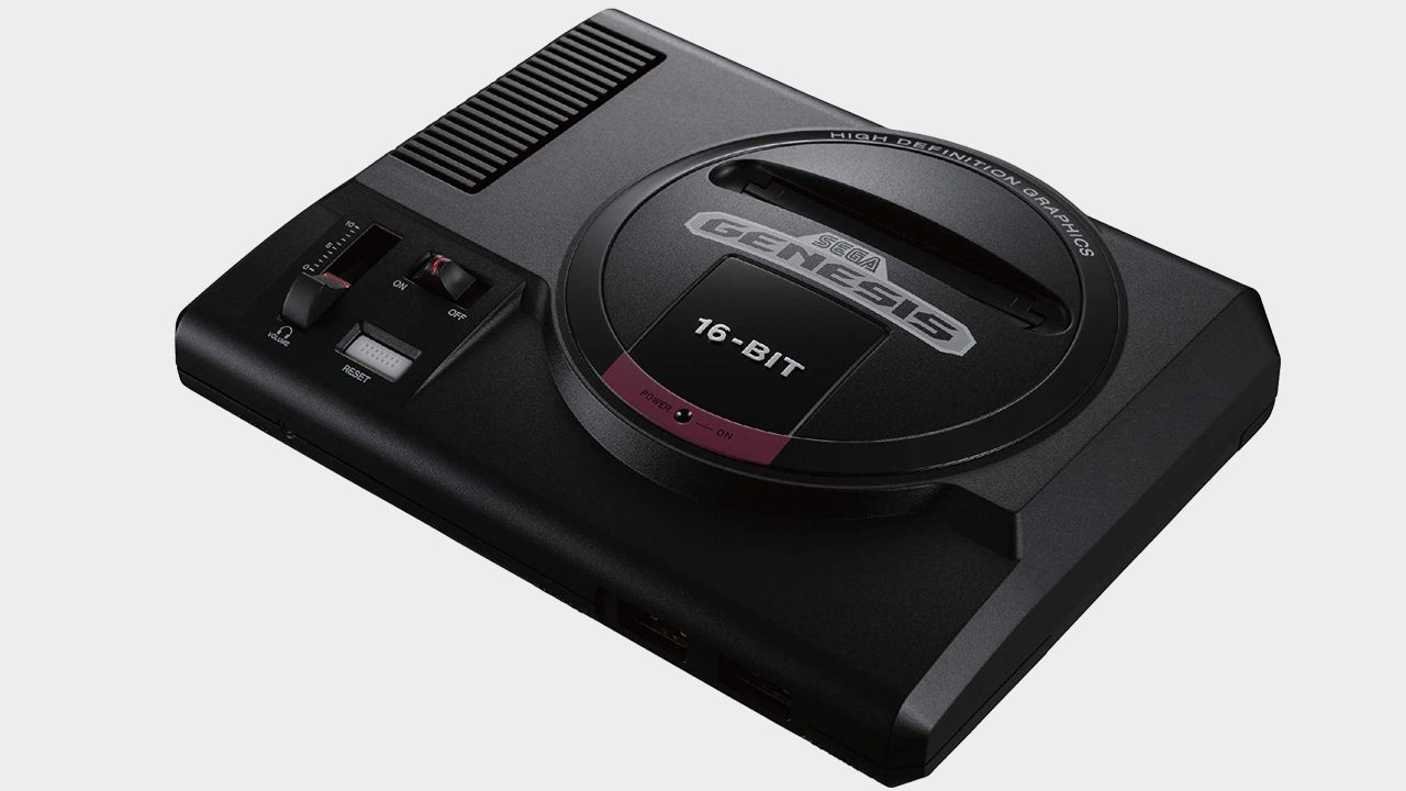 Sega Genesis mini with grey backdrop.