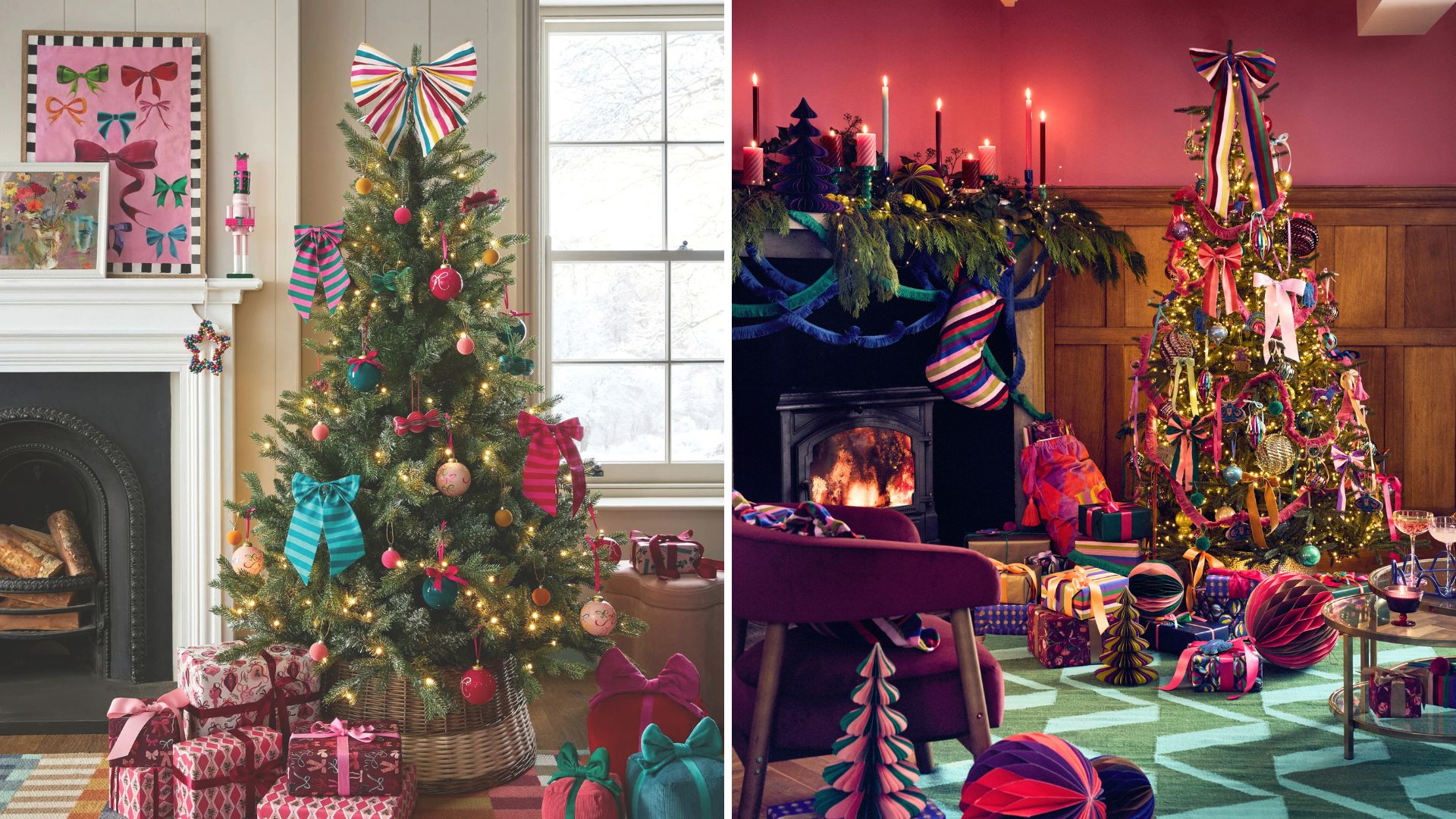 split image of two Christmas trees decorated in bright decorations