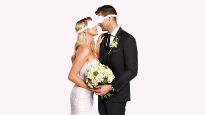 An image promoting watch Married At First Sight Australia with a blindfolded bride and groom