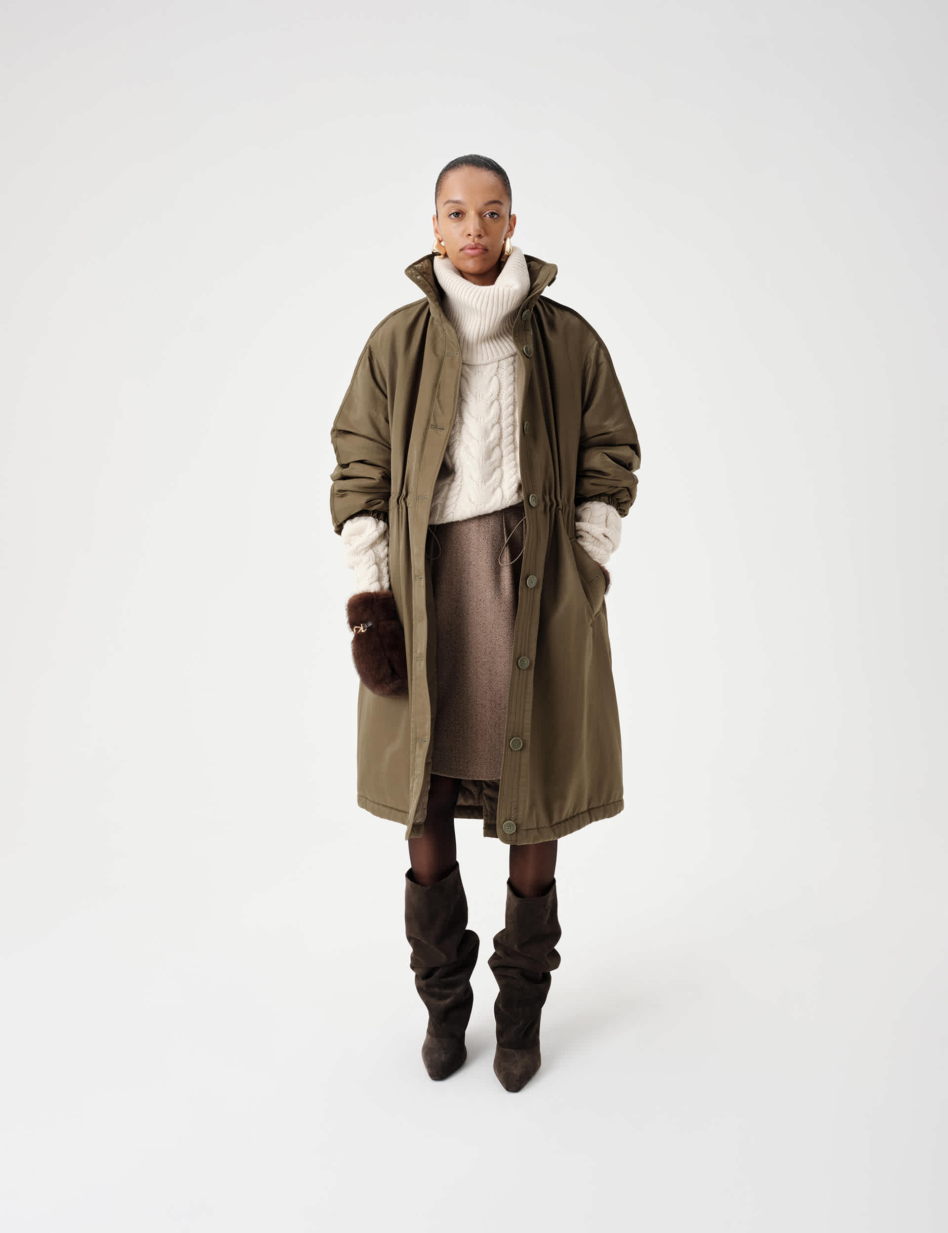 Satin Relaxed Funnel Neck Longline Parka Coat