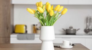 Yellow tulips in a white vase on a kitchen table