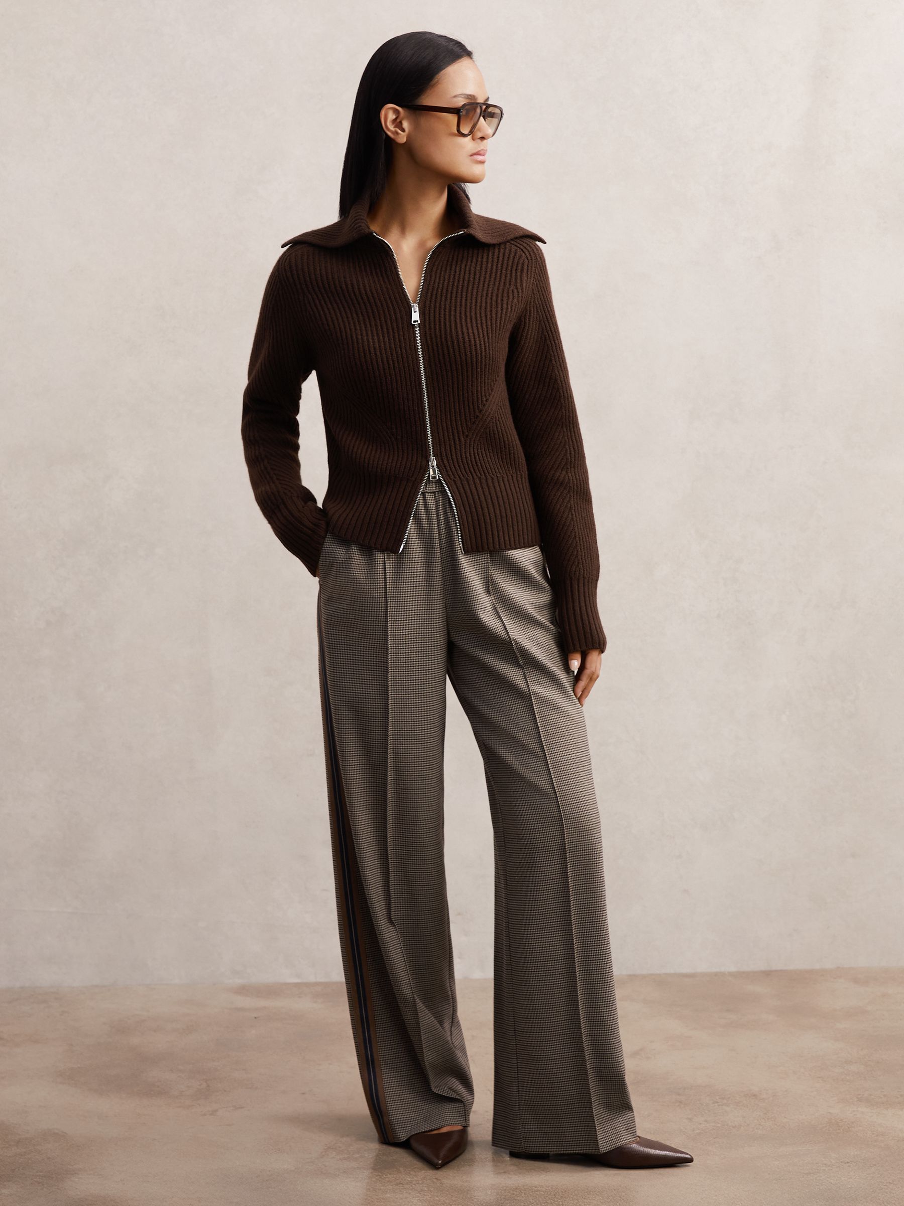 Wool Zip-Through Rib-Knit Cardigan in Chocolate Brown