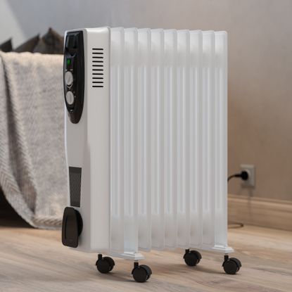 Portable electric heater in living room