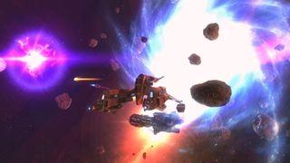 A screenshot of a spacecraft surrounded by asteroids in Galaxy on Fire 2 Full HD.