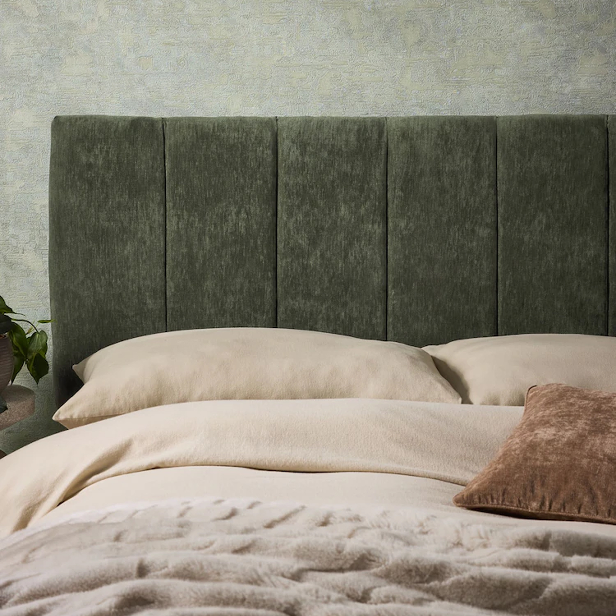 Next Fine Chenille Mid Khaki Green Panelled Upholstered Headboard
