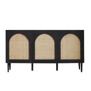 A black rectangular sideboard with three arched jute decorations and eight black legs