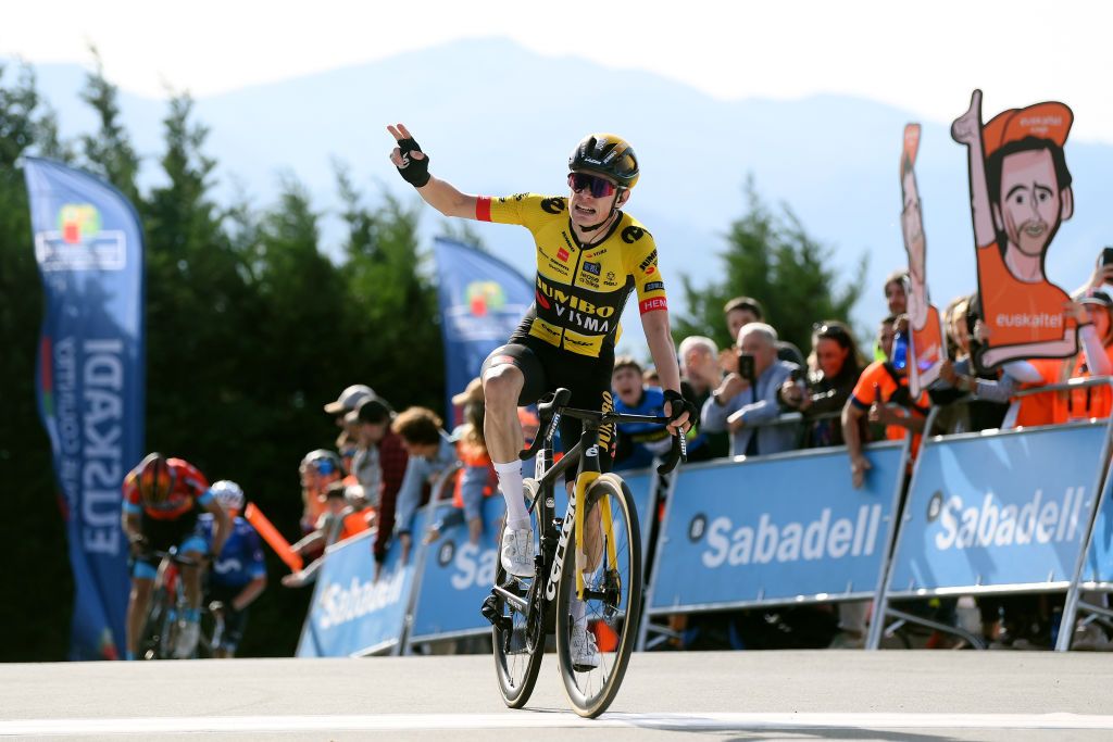 AMASAVILLABONA SPAIN APRIL 05 Jonas Vingegaard of Denmark and Team Jumbo Visma celebrates at finish line as stage winner during the 62nd Itzulia Basque Country Stage 3 a 1539km stage from Errenteria to AmasaVillabona 167m UCIWT on April 05 2023 in AmasaVillabona Spain Photo by David RamosGetty Images