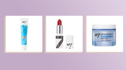 Collage of Three of the best no7 products, highlighter, lipstick and Night cream