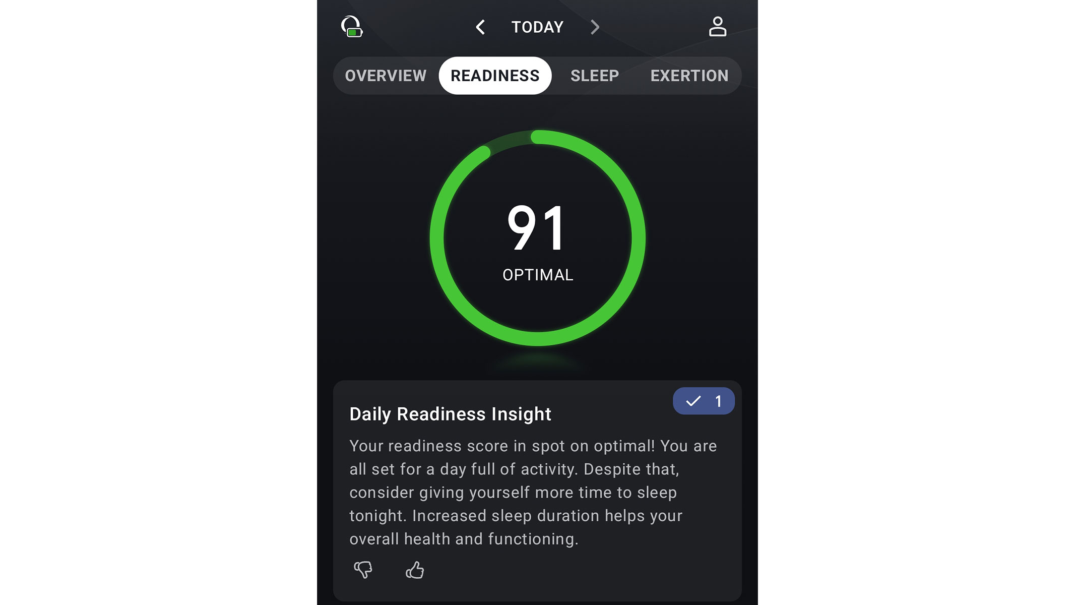 A screenshot of the Daily Readiness Score from the Zepp app