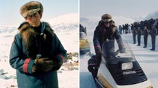 A composite image of King Charles during his expedition to Canada's Northwest Passage in 1975, on the right he is driving an Olympique ski-doo