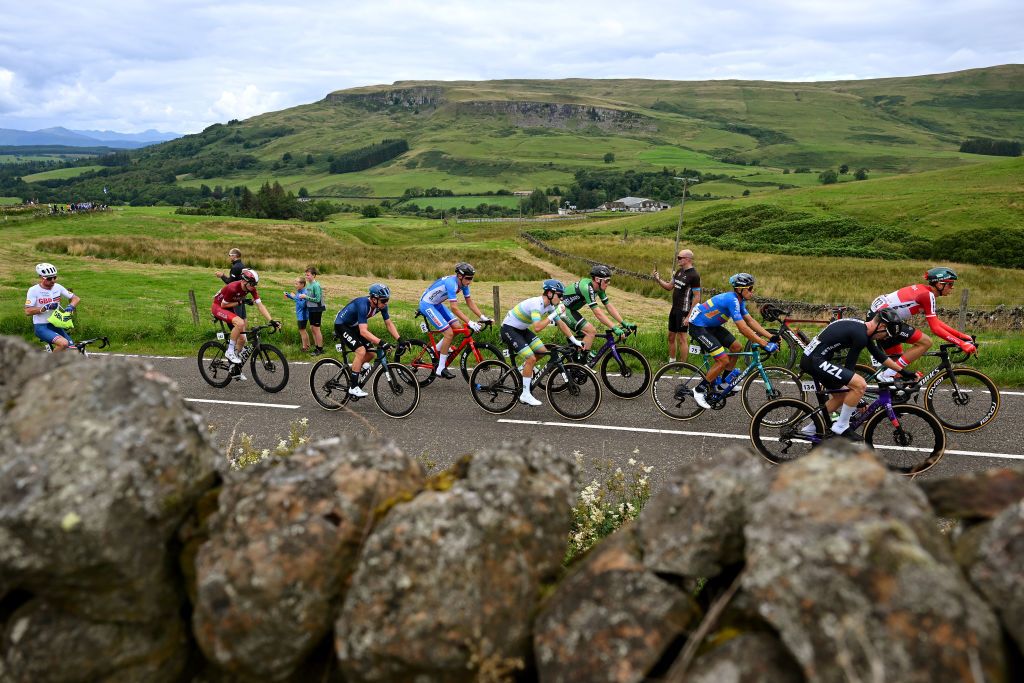 GLASGOW SCOTLAND AUGUST 06 A general view of Owain Doull of Great Britain Matthew Dinham of Australia Harold Tejada of Colombia Kevin Vermaerke of The United States Patrick Gamper of Austria Rory Townsend of Ireland Ryan Christensen of New Zealand Krists Neilands of Latvia and Pavel Kelemen of Czech Republic compete in the breakaway during the 96th UCI Cycling World Championships Glasgow 2023 Men Elite Road Race a 2711km one day race from Edinburgh to Glasgow UCIWT on August 06 2023 in Glasgow Scotland Photo by Dario BelingheriGetty Images