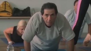 Richie Aprile in sweats, doing yoga in The Sopranos