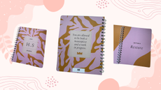 Three images of the Wonderbly Journal on a pink background