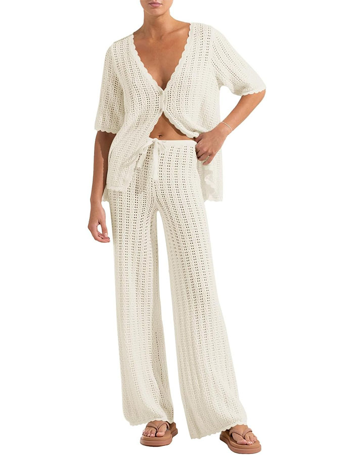 Imily Bela Women's Summer 2 Piece Swimsuit Cover Up Crochet Knit Cardigan Tops Long Pants Set Bathing Suit Beach Outfit
