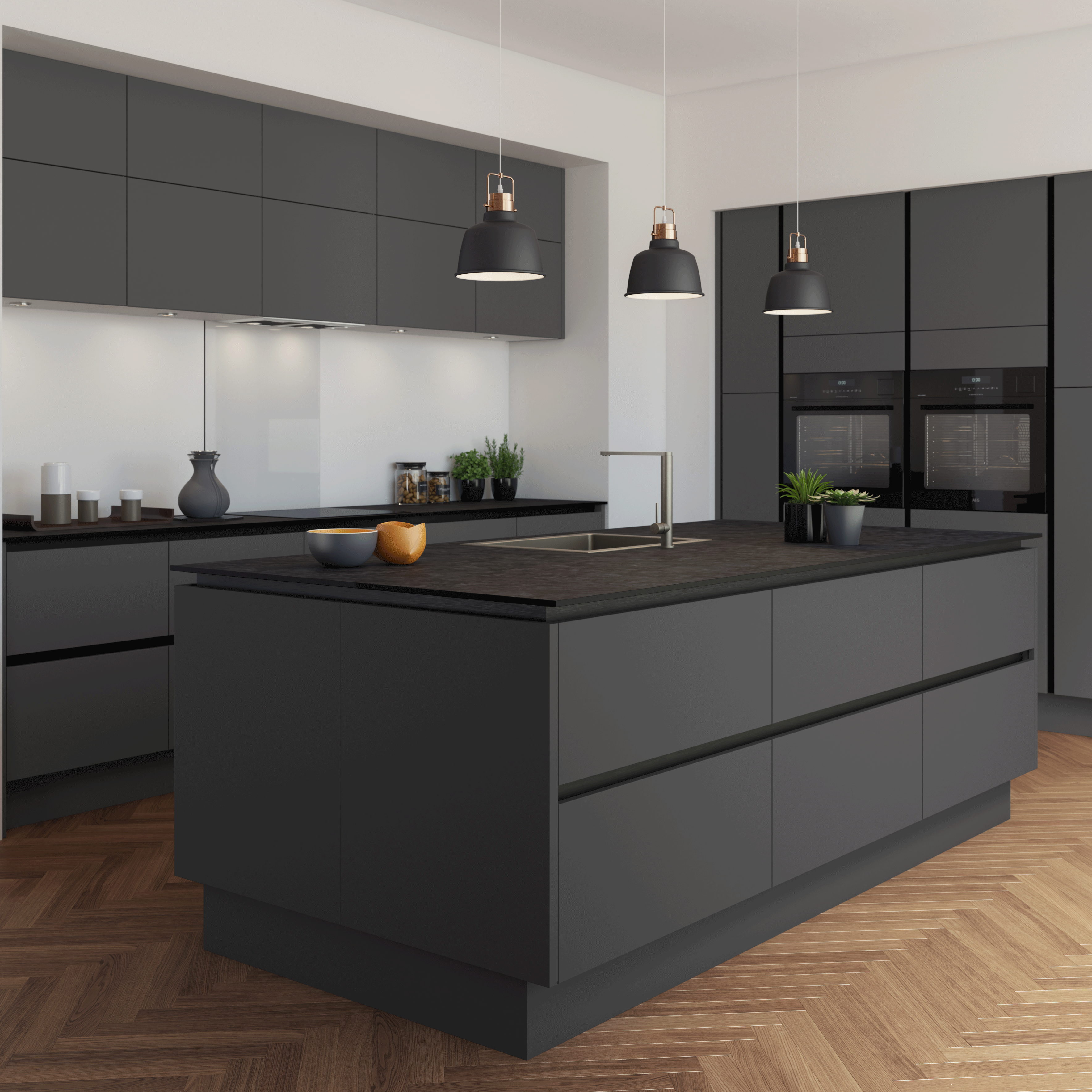 kitchen with black furniture and wood flooring