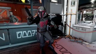 A Mandalorion character from Star Wars modded into Starfield