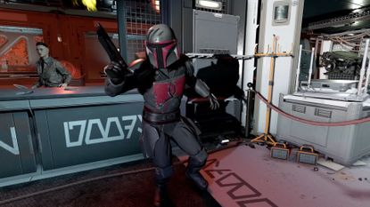 A Mandalorion character from Star Wars modded into Starfield