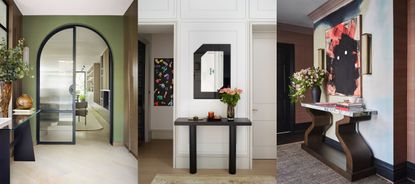 Three examples of, how can I make my small entryway look bigger? Entryway with arch glass door, green painted walls. Entryway with black console table, mirror. Modern entryway with sleek console table