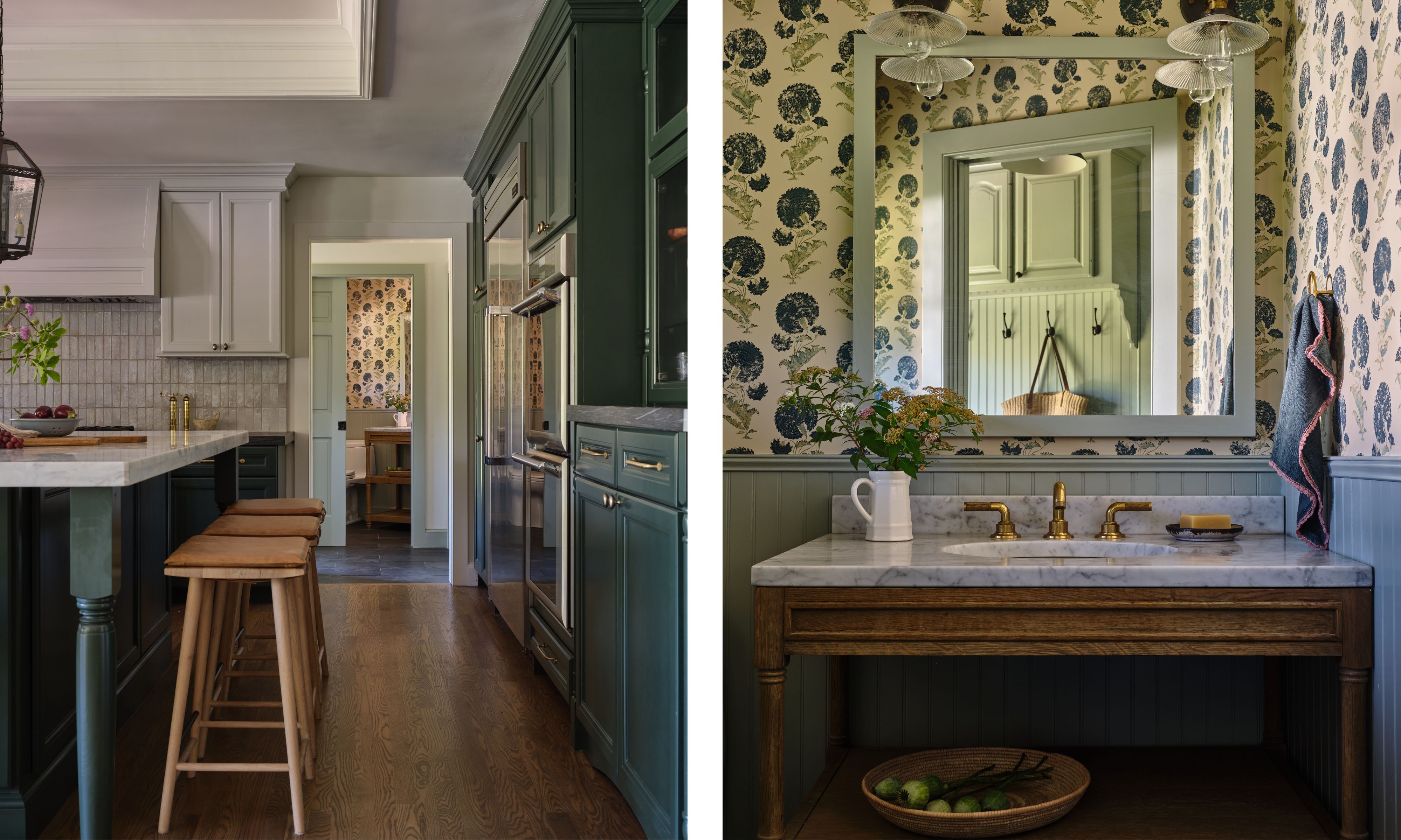 a blue floral block print wallpapered powder room with green beadboard paneling and a wooden and marble vanity