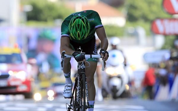 An exhausted Thomas Voeckler (Europcar) at the finish line in Bellegarde-sur-Valserine.