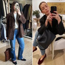 fashion collage of British fashion influencer Anna Newton and NYC-based influencer Courtney Grow wearing chic fall outfit ideas with a brown suede blazer, jeans, woven leather bag, straight-leg jeans, a black blazer, a Loewe Puzzle bag, jeans, and burgundy flats