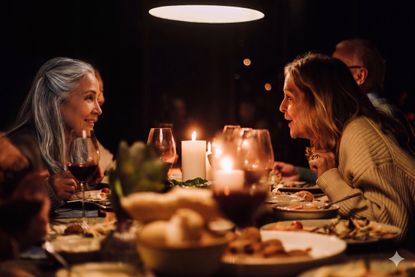 Two older women friends smile and lean towards each other as they talk at a dinner party.